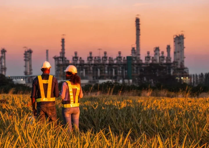 maakindustrie en petrochemie in de achtergrond